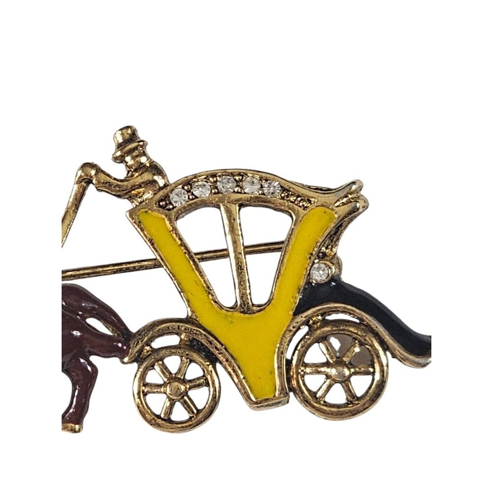 Vintage Horse & Carriage Brooch Gold Tone Enamel Rhinestone Victorian Style Pin - Picture 5 of 5